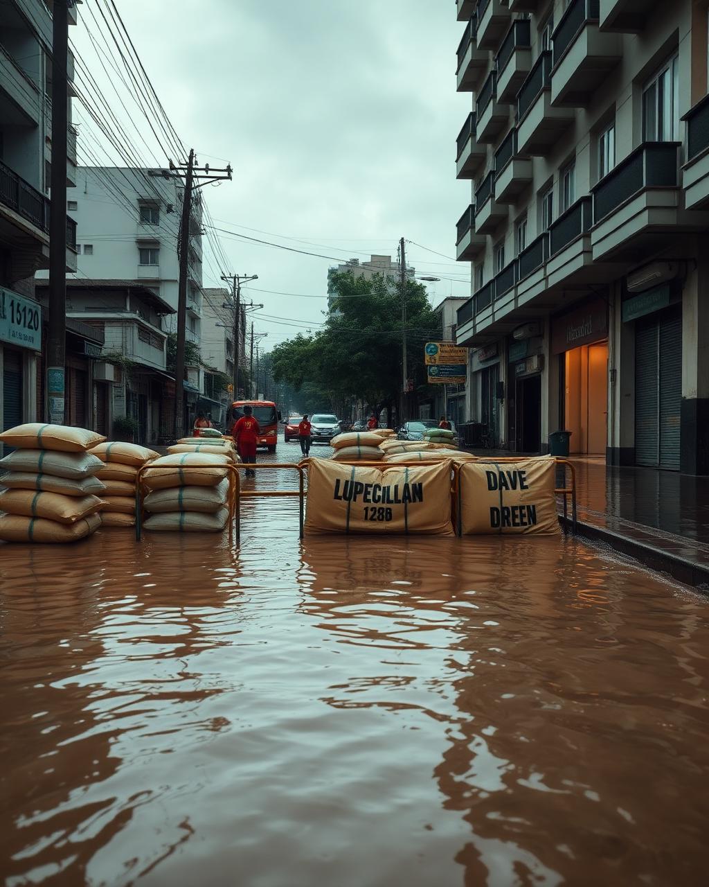 Rua alagada com barreiras de contenção e sacos de areia